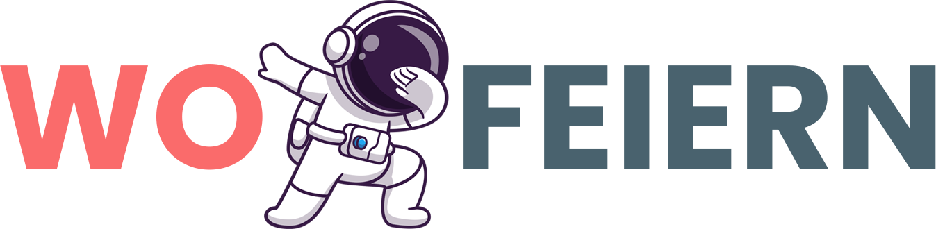 Ein Cartoon-Astronaut in Tupfen-Pose steht zwischen den fettgedruckten Wörtern "WO" in Rot und "FEIERN" in Dunkelgrau auf einem hellen Hintergrund.