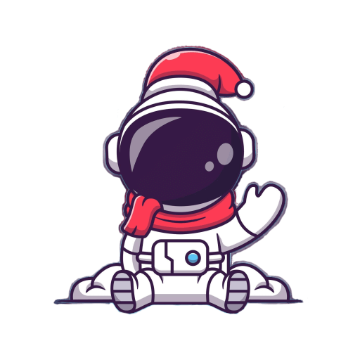 Niedlicher Cartoon-Astronaut im Sitzen, mit roter Weihnachtsmannmütze und Schal, der mit einer Hand winkt. Perfekt für eine Einladung zur Weihnachtsfeier Wien! Der Hintergrund ist einfarbig weiß.