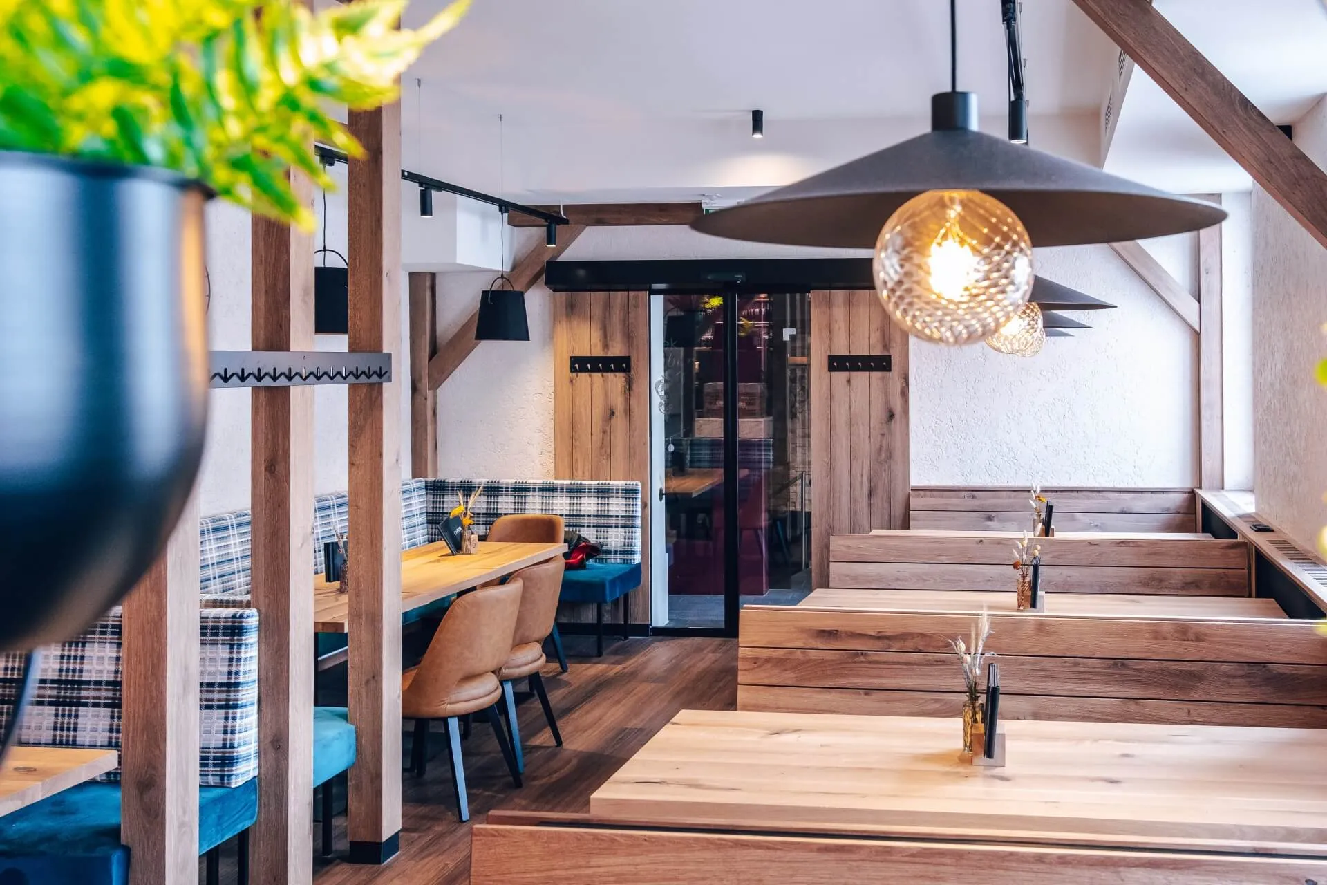 Modernes Restaurantinterieur mit Holztischen und -kabinen, blau gepolsterten Sitzen, Pendelleuchten und großen Fenstern, die natürliches Licht hereinlassen. Grüne Pflanzen hängen im Vordergrund. Der Raum wirkt hell und einladend.