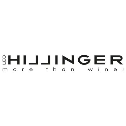 Schwarz-weißes Logo für Leo Hillinger mit stilisierten Blockbuchstaben und dem darunter stehenden Slogan more than wine!.