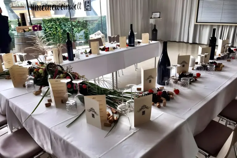Ein Banketttisch ist für eine Veranstaltung mit weißen Tischtüchern, Speisekarten, Weinflaschen, Gläsern, kleinen Blumenarrangements und Weinkorken gedeckt. Im Hintergrund sind große Fenster und ein grüner Außenbereich zu sehen.