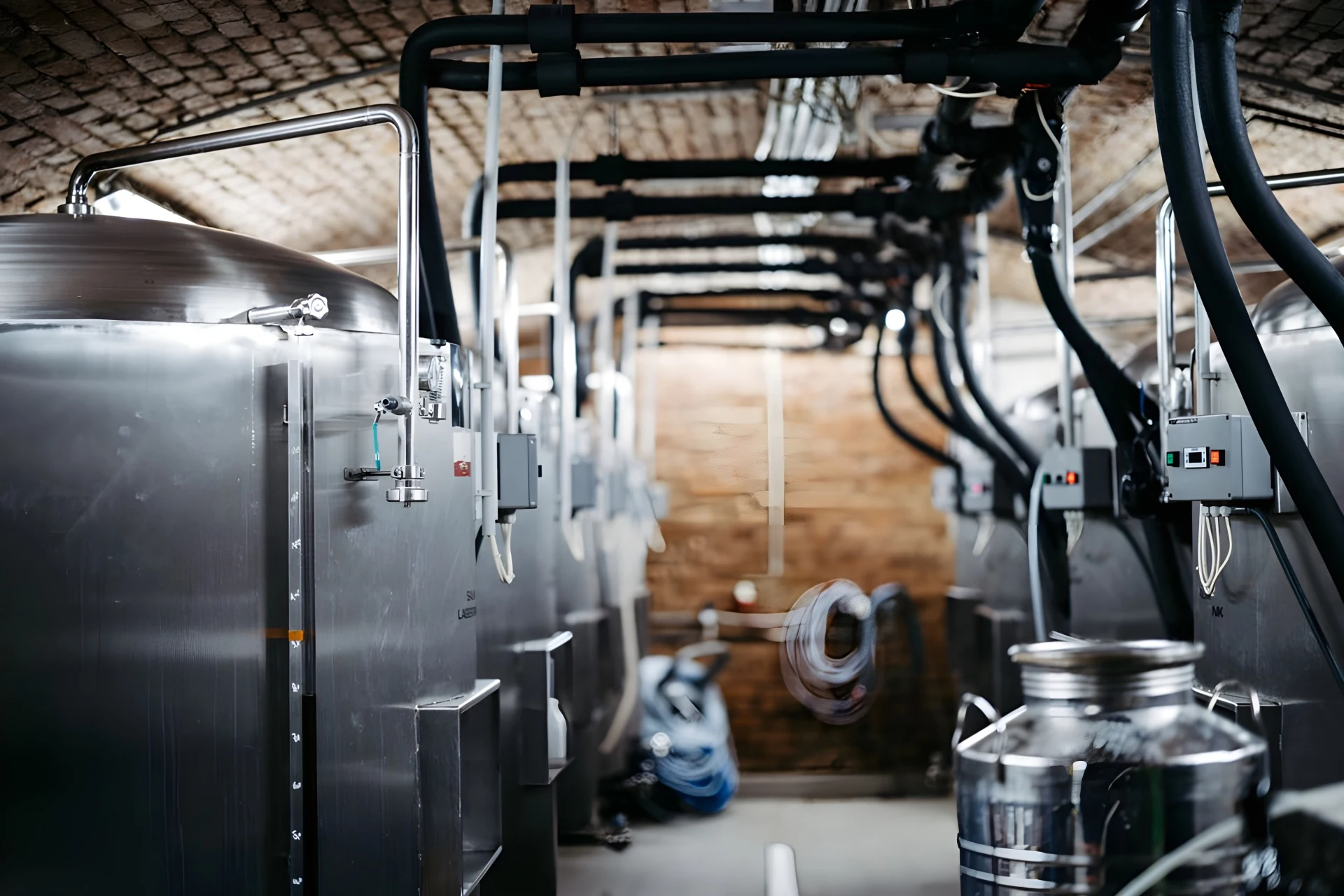 Eine moderne Milchverarbeitungsanlage mit großen Edelstahltanks, schwarzen Rohren an der Decke, Schalttafeln und einer Milchkanne aus Metall im Vordergrund. Der Raum hat Backsteinwände und eine gekachelte Gewölbedecke.