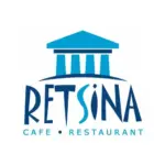 Logo für das Retsina Cafe Restaurant, mit einem stilisierten blauen griechischen Tempel über dem Restaurantnamen in fetten, modernen blauen Buchstaben. Die Worte CAFE - RESTAURANT erscheinen darunter in kleinerer blauer Schrift.