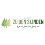 Logo für das Restaurant Zu Den 3 Linden mit drei illustrierten grünen Bäumen und dem Slogan "Wo der Gast noch König ist" in kursiver Schrift unter dem Restaurantnamen.