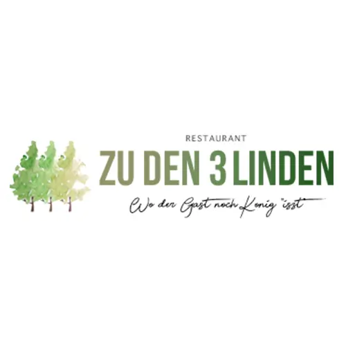 Logo für das Restaurant Zu Den 3 Linden mit drei illustrierten grünen Bäumen und dem Slogan "Wo der Gast noch König ist" in kursiver Schrift unter dem Restaurantnamen.
