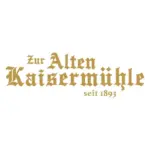 Das Bild zeigt den Text Zur Alten Kaisermühle seit 1893 in einer goldenen, gotischen Schrift auf weißem Hintergrund.