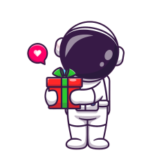 Ein niedlicher Cartoon-Astronaut, der eine rote Geschenkschachtel mit grünem Band in der Hand hält, darüber ein rosa Herzsymbol - perfekt, um Zuneigung oder Dankbarkeit am Muttertag Wien zu zeigen.