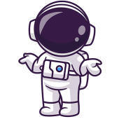 Astronaut WO FEIERN Frage Cartoon-Astronaut im weißen Raumanzug mit großem schwarzem Visier, der mit erhobenen Armen und nach oben gestreckten Handflächen achselzuckend Verwirrung oder Unsicherheit ausdrückt - perfekt für eine Einladung zum Kindergeburtstag Wien.