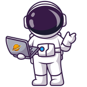 Astronaut WO FEIERN Laptop Cartoon-Astronaut, der einen Laptop mit einem Planetenaufkleber in der Hand hält, stehend und mit einer Hand gestikulierend, in einem weißen Raumanzug und einem großen dunklen Visierhelm - perfekt für Kindergeburtstag Wien mit Weltraumthema.