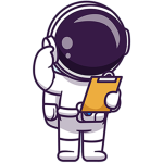 Astronaut WO FEIERN Liste Cartoon-Astronaut in einem weißen Raumanzug, der ein Klemmbrett in der Hand hält und die Seite seines Helms berührt, steht aufrecht und schaut nach vorne - perfekt, um kleine Entdecker bei einem Kindergeburtstag in Wien zu inspirieren.