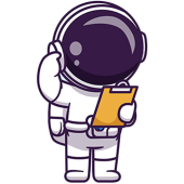 Astronaut WO FEIERN Liste Cartoon-Astronaut in einem weißen Raumanzug, der ein Klemmbrett in der Hand hält und die Seite seines Helms berührt, steht aufrecht und schaut nach vorne - perfekt, um kleine Entdecker bei einem Kindergeburtstag in Wien zu inspirieren.