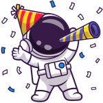 Cartoon-Astronaut, der einen roten und gelben Partyhut trägt, ein Partyhorn bläst und von blauem Konfetti umgeben ist, feiert fröhlich Geburtstag Wien.