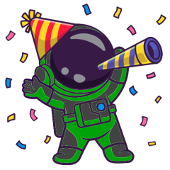 Ein Cartoon-Astronaut in einem grünen Raumanzug feiert den Saint Patrick's Day mit einem gestreiften Partyhut und einem Partyhorn, umgeben von buntem Konfetti.