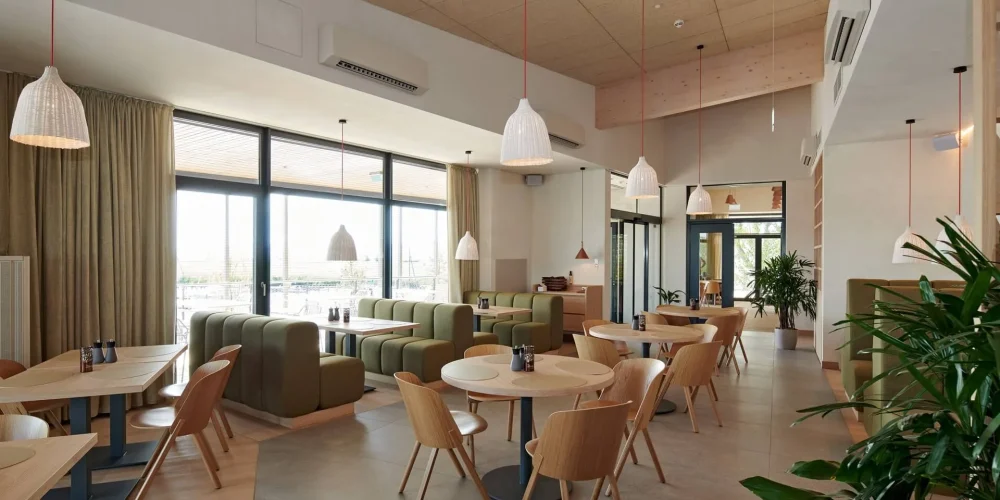 Ein modernes, helles Café mit Holztischen und -stühlen, grün gepolsterten Sitzgelegenheiten, großen Fenstern, die natürliches Licht hereinlassen, von der Decke hängenden Pendelleuchten und Topfpflanzen im gesamten Raum.