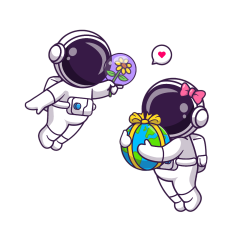 Zwei Cartoon-Astronauten schweben im Weltraum; der eine hält mit einer rosa Schleife eine als Geschenk verpackte Erde in der Hand, der andere bietet eine Blume in einer Glaskuppel an. Zwischen ihnen erscheint eine herzförmige Sprechblase, die den Zauber des Valentinstags in Wien einfängt.