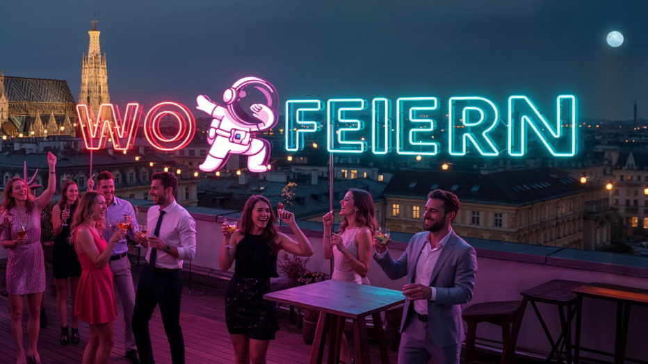 Eine lebhafte Gruppe von Menschen feiert nachts auf einer Dachterrasse mit Getränken in der Hand, mit einer Leuchtreklame mit der Aufschrift WO FEIERN und einer Astronautengrafik. Im Hintergrund sind die Lichter der Stadt und der Vollmond zu sehen.
